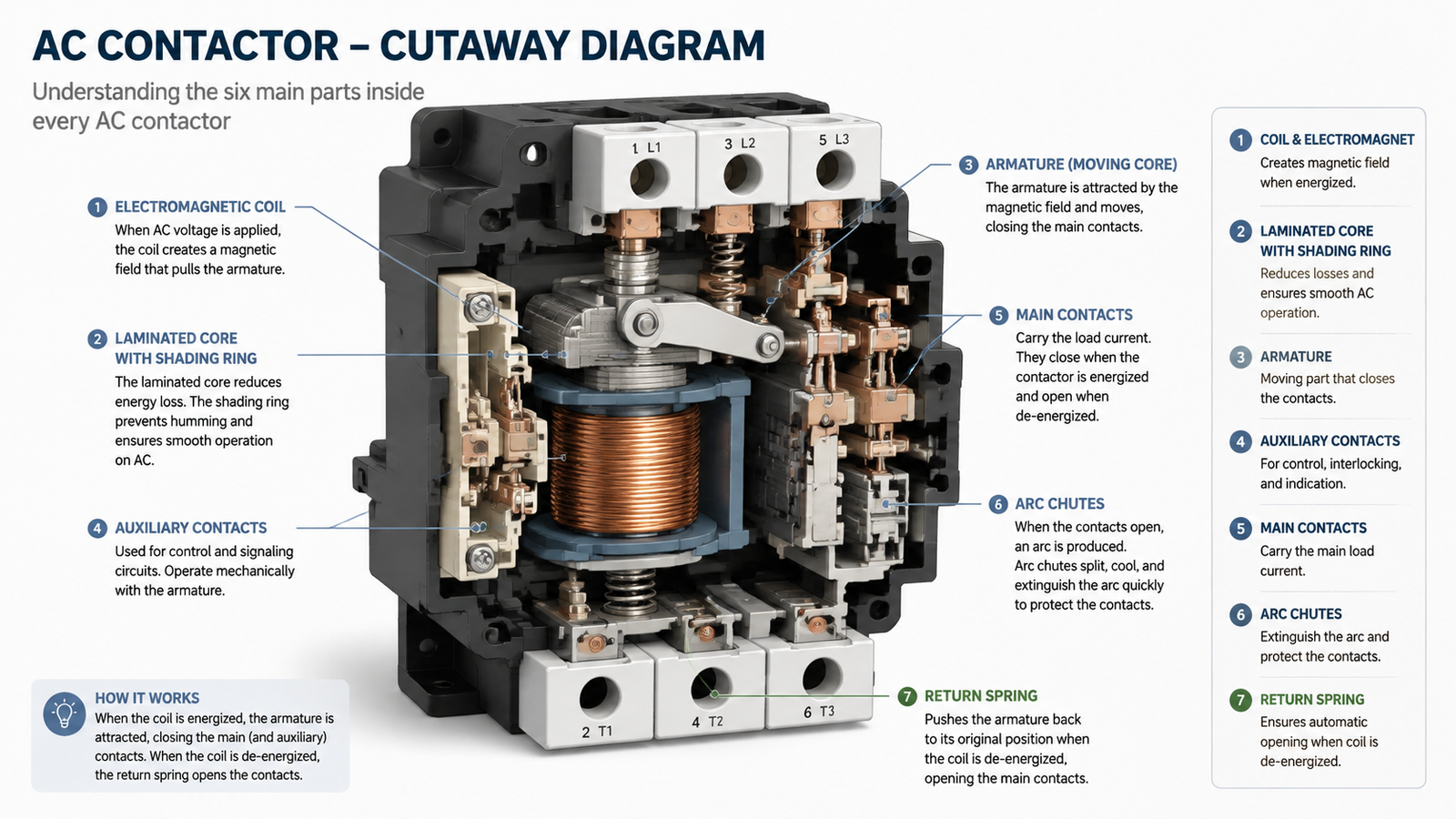 Cutaway diagram of an AC contactor showing the electromagnetic coil, laminated core with shading ring, armature, main contacts, auxiliary contacts, and arc chutes