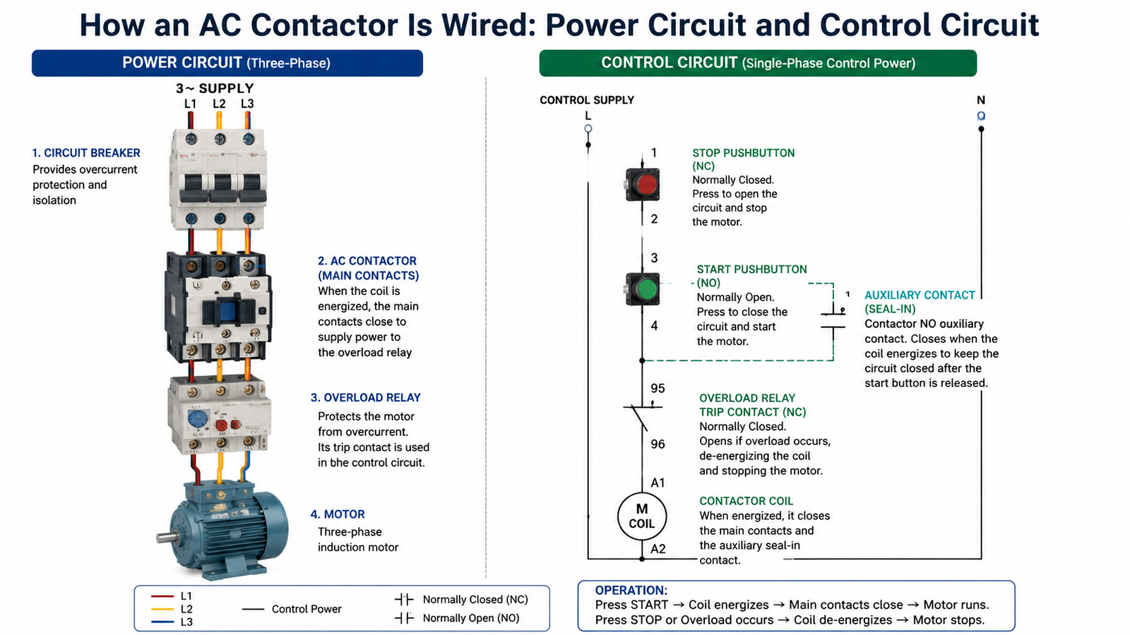 Schematic diagram of a three-phase motor control circuit showing supply through a circuit breaker, AC contactor main contacts, and overload relay to the motor, plus a control circuit with start and stop pushbuttons and the coil