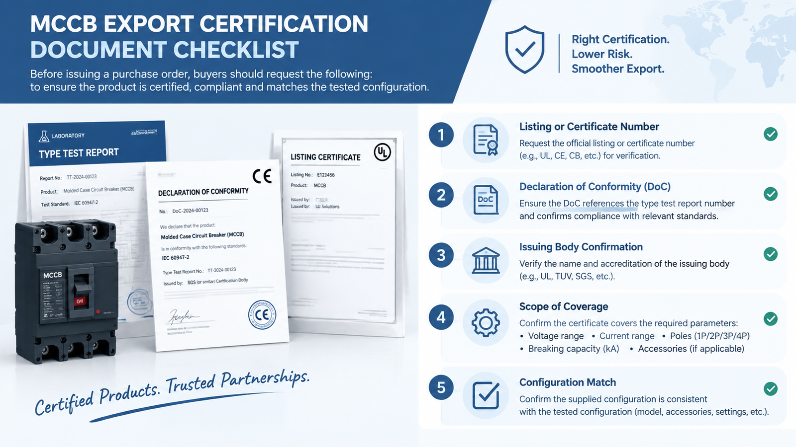 Certification document checklist for MCCB export showing type test report declaration of conformity and listing file number