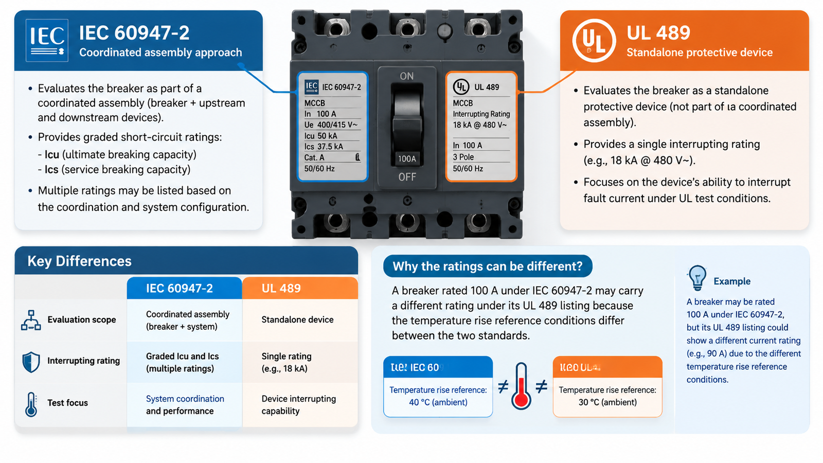 Comparison of IEC 60947-2 and UL 489 certification markings on a molded case circuit breaker nameplate