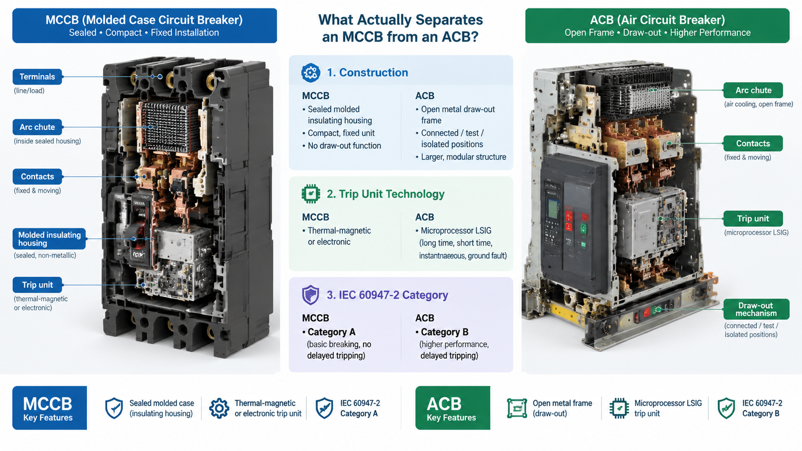 Cutaway comparison diagram of a sealed molded case circuit breaker next to an open draw-out air circuit breaker showing contacts, arc chutes and trip unit