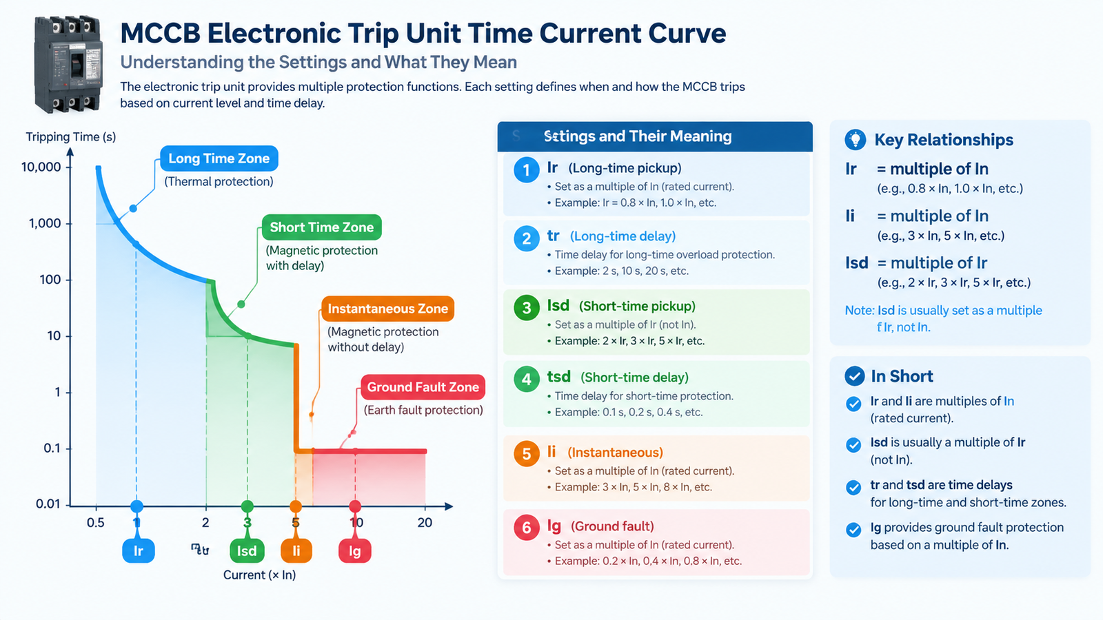 MCCB electronic trip unit time current curve showing long time short time instantaneous and ground fault zones