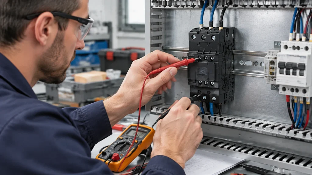 Engineer in a control panel workshop using a multimeter probe on the coil terminals of an installed AC contactor, with panel wiring and adjacent breakers visible