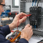 Engineer in a control panel workshop using a multimeter probe on the coil terminals of an installed AC contactor, with panel wiring and adjacent breakers visible