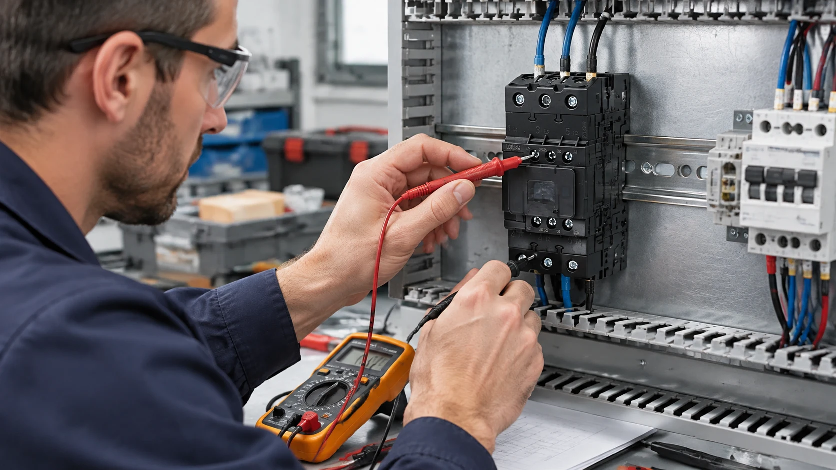 Engineer in a control panel workshop using a multimeter probe on the coil terminals of an installed AC contactor, with panel wiring and adjacent breakers visible