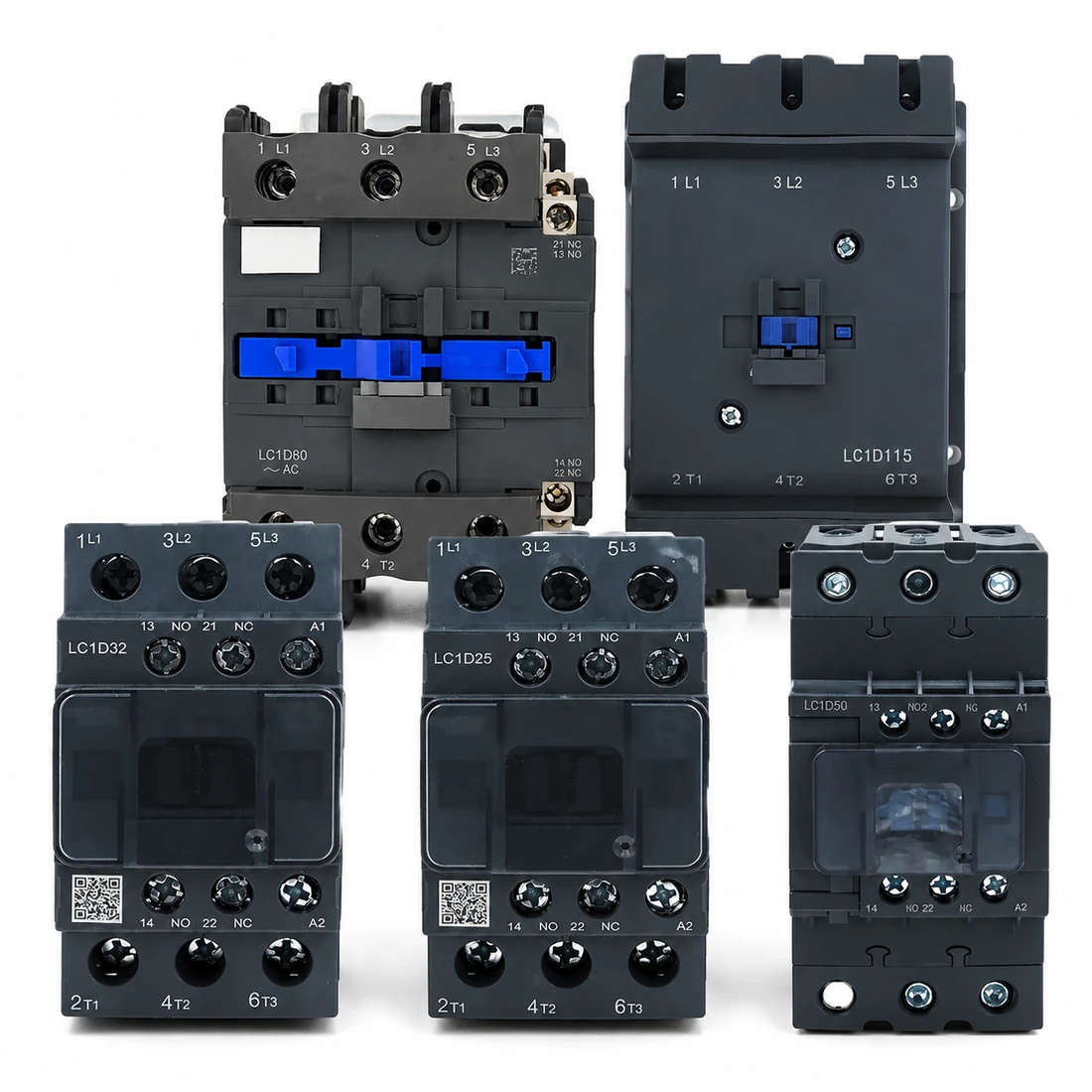 SMO-K AC contactor range in five frame sizes, showing the difference in body size and terminal spacing