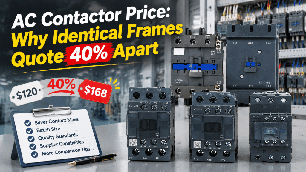 Five SMO-K AC contactors of different frame sizes beside a comparison checklist and a 40% price gap illustration