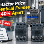 Five SMO-K AC contactors of different frame sizes beside a comparison checklist and a 40% price gap illustration