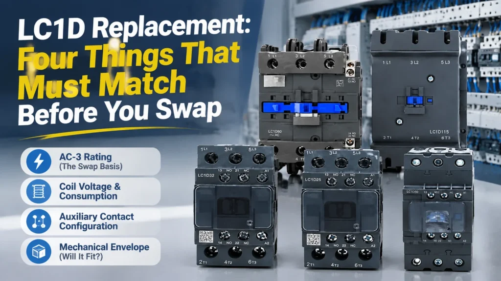 Five SMO-K AC contactors beside a checklist of the four parameters that must match on an LC1D replacement