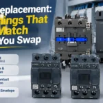 Five SMO-K AC contactors beside a checklist of the four parameters that must match on an LC1D replacement