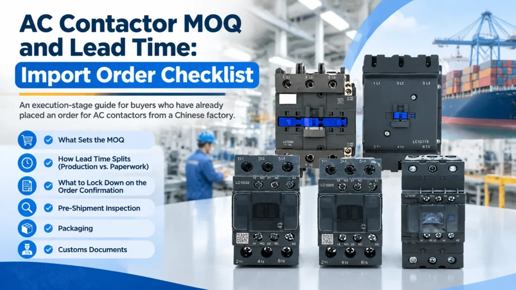 AC contactors beside export cartons and an order checklist covering MOQ, lead time, inspection and documents