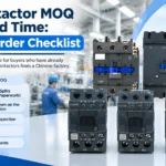 AC contactors beside export cartons and an order checklist covering MOQ, lead time, inspection and documents
