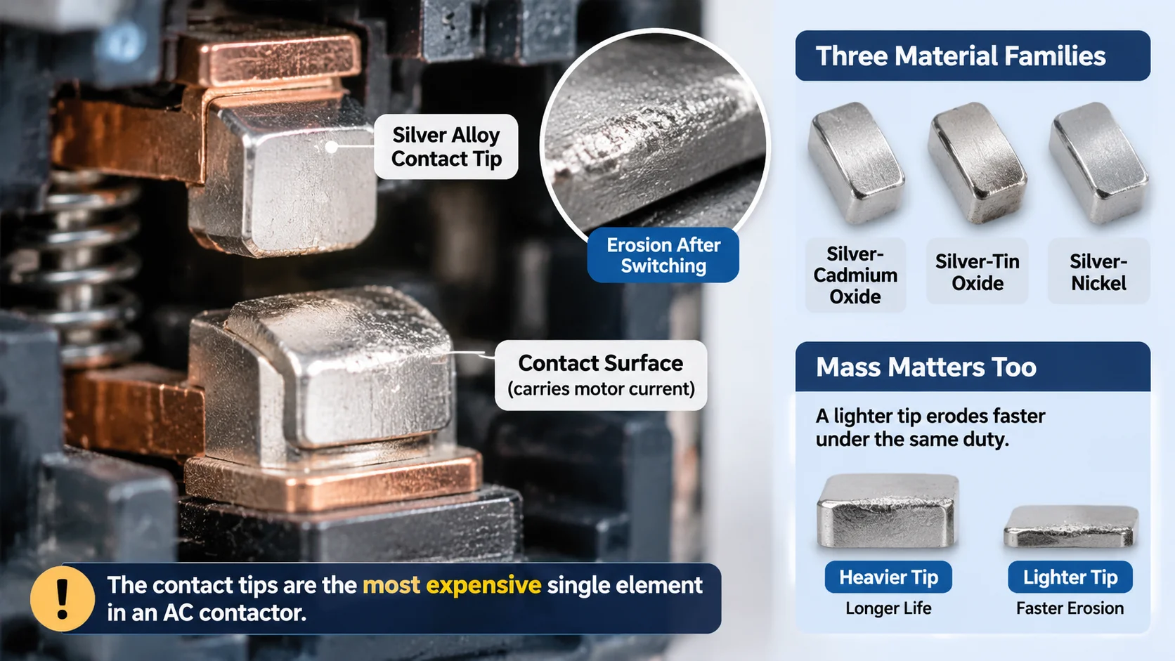 Close-up of silver alloy contact tips inside an AC contactor, with a comparison of silver-cadmium oxide, silver-tin oxide and silver-nickel materials and the effect of tip mass on erosion
