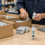 Worker in a stockroom counting miniature circuit breakers from several open cartons onto a workbench, with DIN rail components and assembled distribution board parts nearby