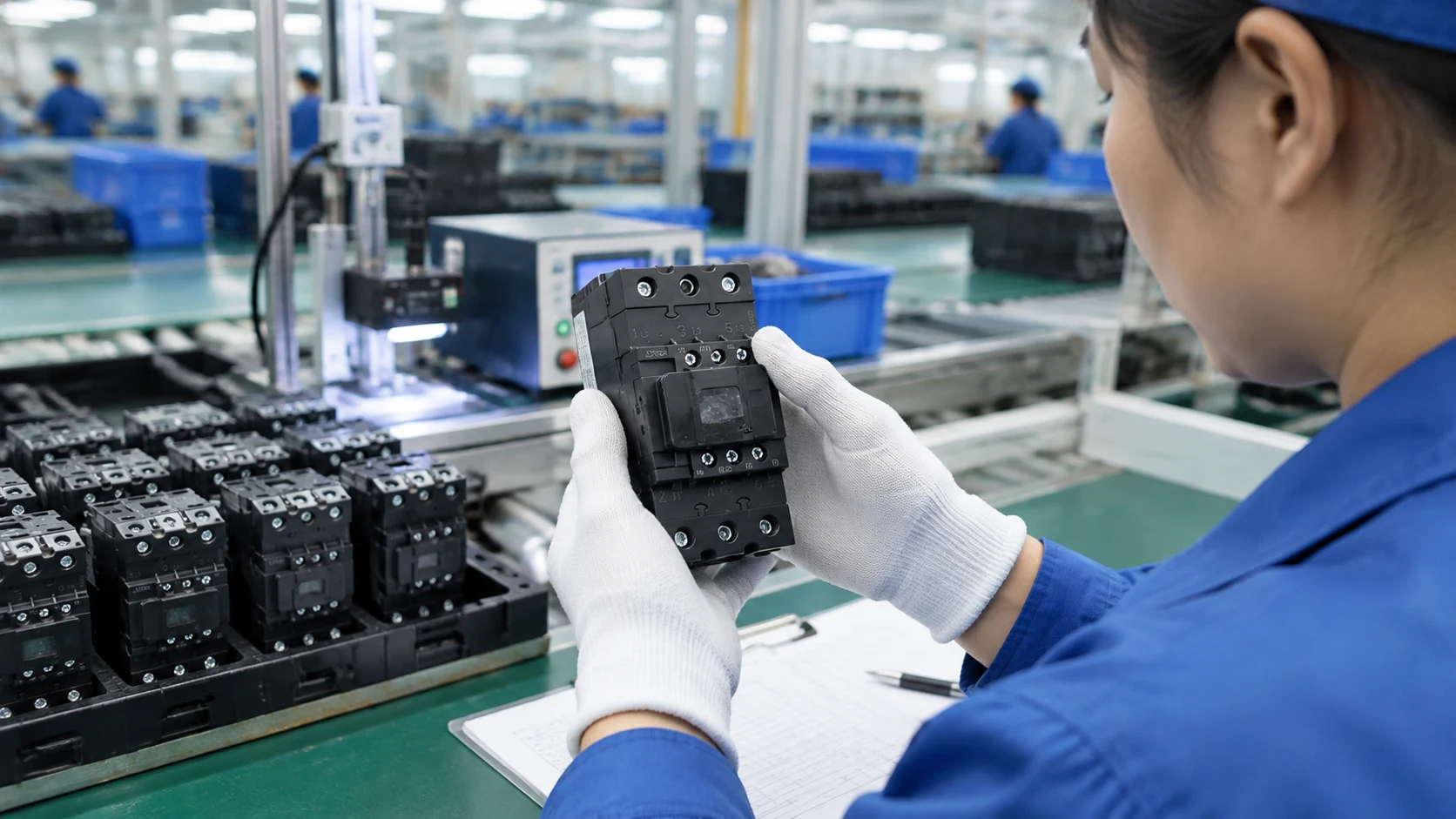 Quality control worker in a production workshop holding an SMO-K AC contactor, checking terminals and mechanism during incoming inspection, with assembled contactors and production line equipment behind