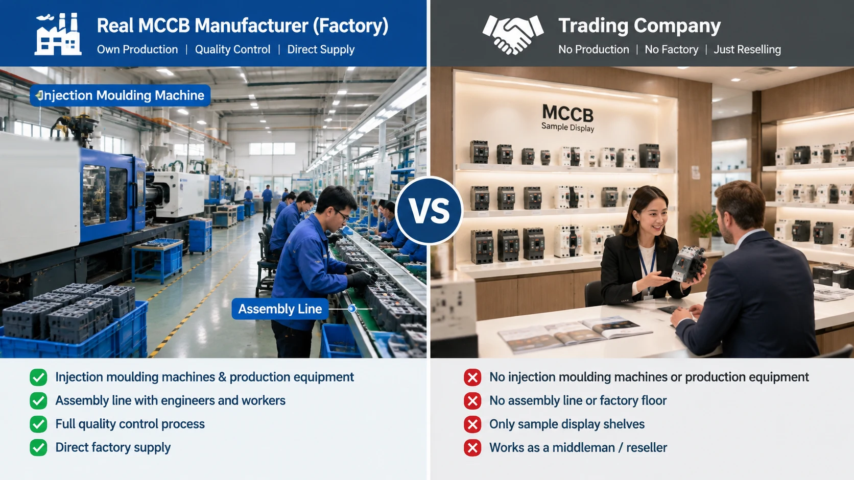 Split comparison of a real MCCB manufacturing workshop with injection moulding machines and an assembly line, against a trading company showroom with only sample display shelves and no production equipment