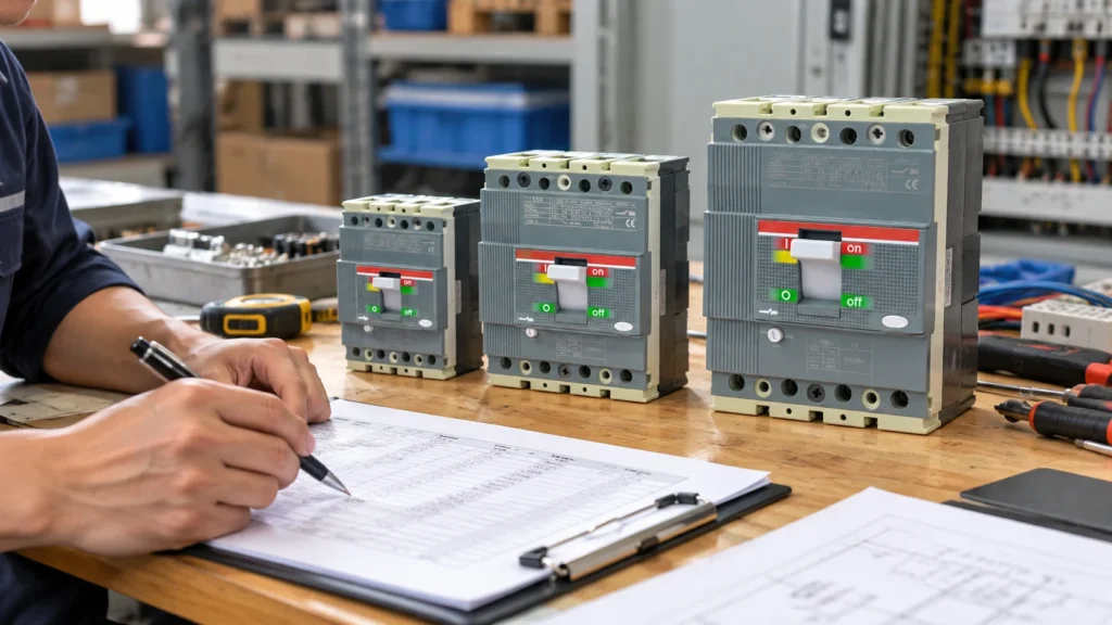 Buyer at a workbench comparing three molded case circuit breakers of increasing frame size and current rating placed side by side, with an open clipboard showing specification notes