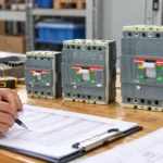 Buyer at a workbench comparing three molded case circuit breakers of increasing frame size and current rating placed side by side, with an open clipboard showing specification notes
