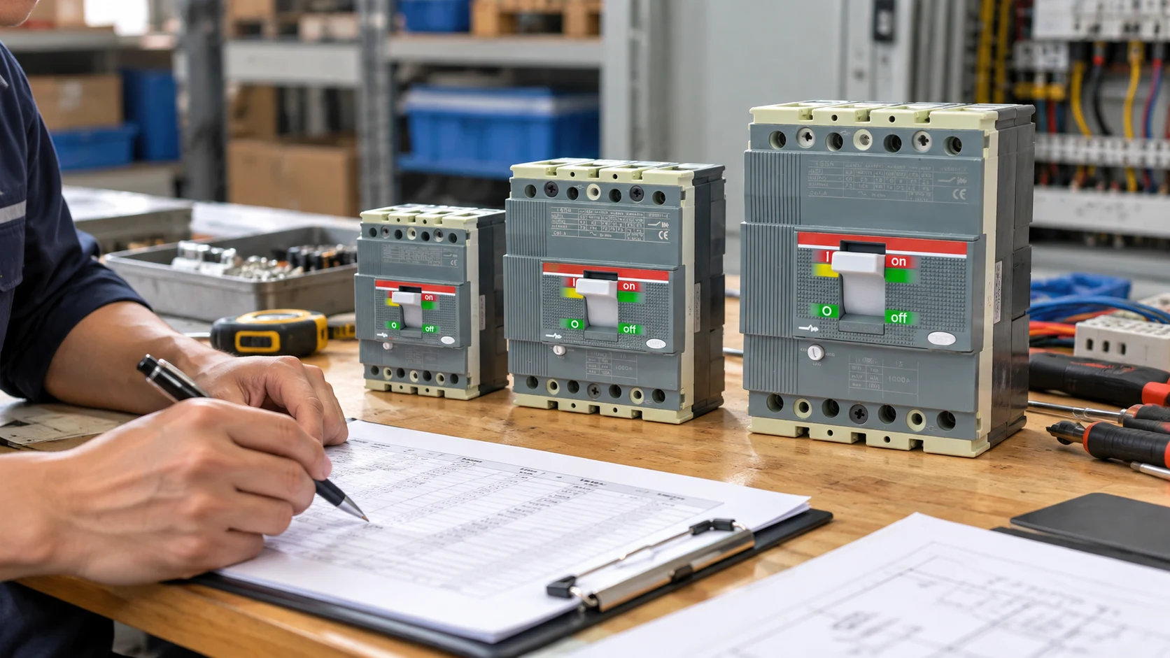 Buyer at a workbench comparing three molded case circuit breakers of increasing frame size and current rating placed side by side, with an open clipboard showing specification notes