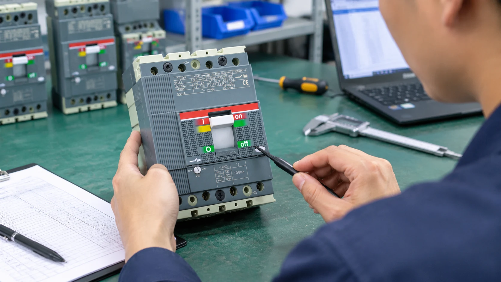 Technician holding an SMO-T1 molded case circuit breaker at a workshop bench, checking the device with a test probe before a bulk order, with assembled breakers on the bench behind