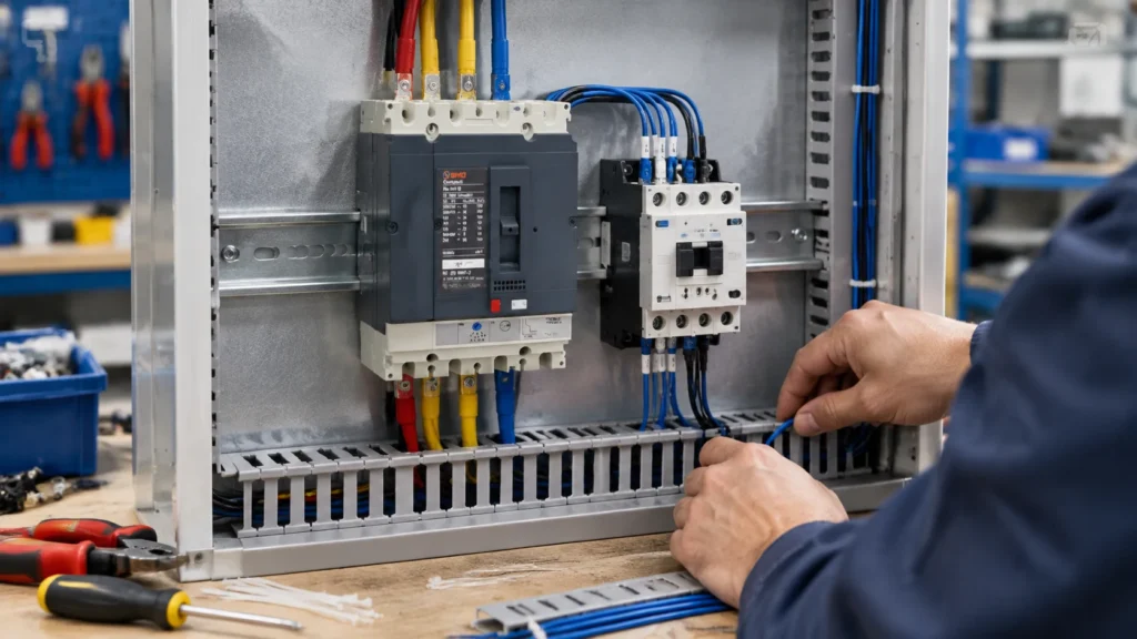 Panel builder wiring a motor control panel: a molded case circuit breaker and an AC contactor mounted side by side on DIN rail, with blue control wiring being dressed into a cable duct