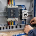 Panel builder wiring a motor control panel: a molded case circuit breaker and an AC contactor mounted side by side on DIN rail, with blue control wiring being dressed into a cable duct