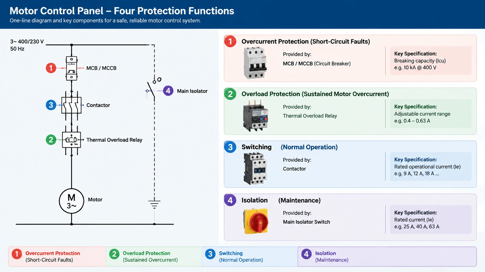 Diagram of the four protection functions in a motor control panel as a one-line circuit diagram: overcurrent protection by MCB or MCCB, overload protection by thermal overload relay, switching by contactor, and isolation by main isolator switch, each with its key specification parameter